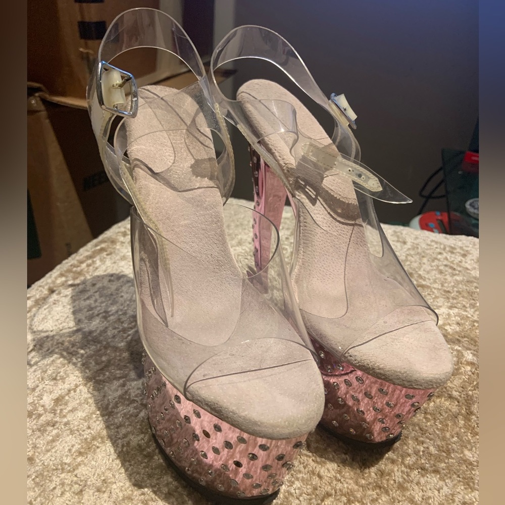 Pleasers size 8 rose gold mirror high heels with diamonds